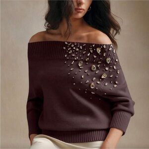 Elegant Off-Shoulder Embellished Sweater - Brown